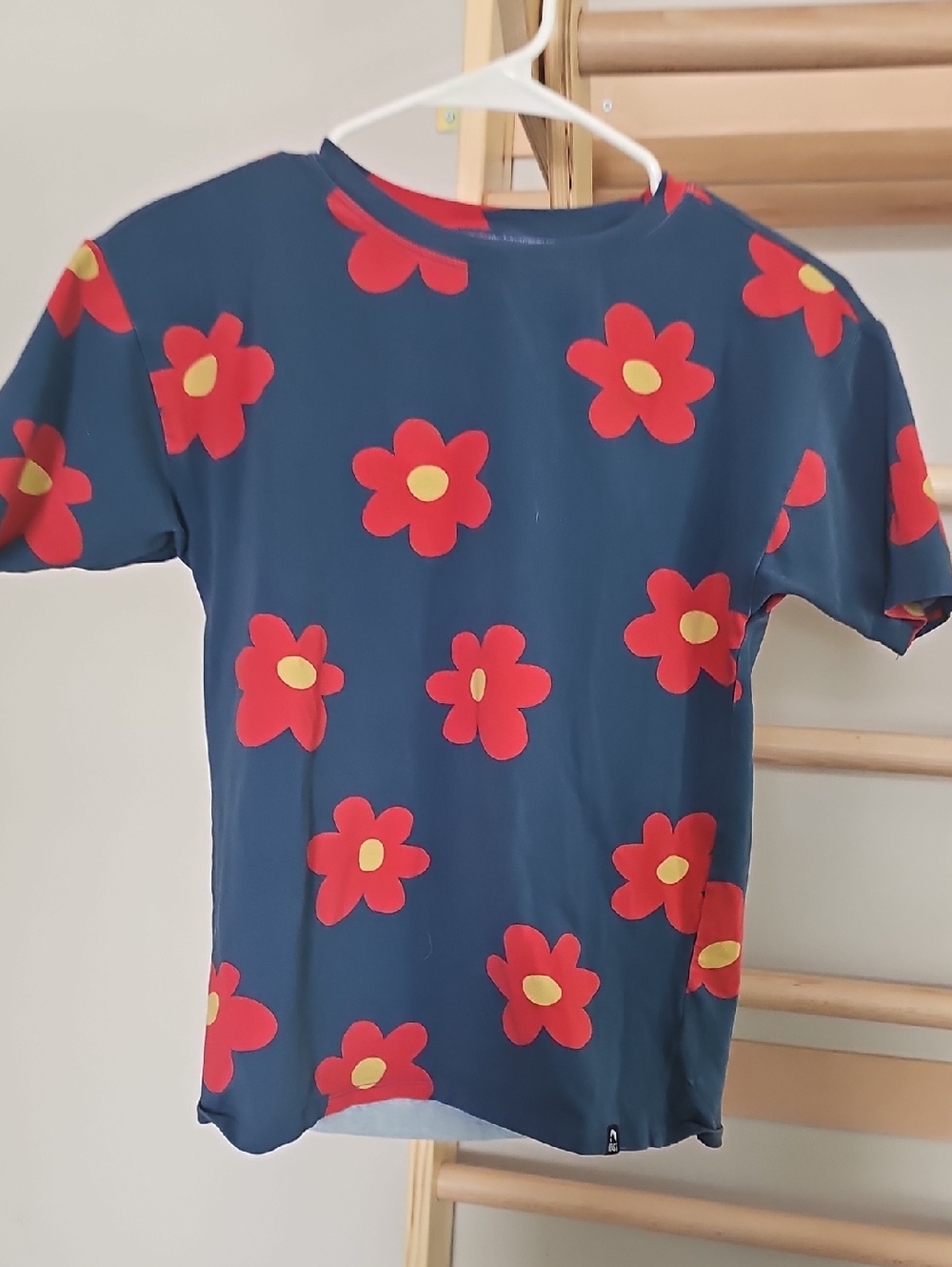 Kids Navy Blue Short Sleeve Tee with Red & Yellow Flower Print